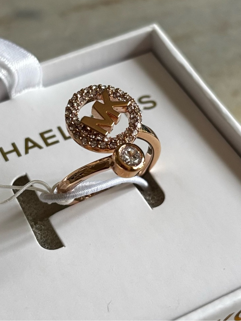 Michael Kors Rose Gold MK Logo Pave Crystal Ring - Picture 3 of 3